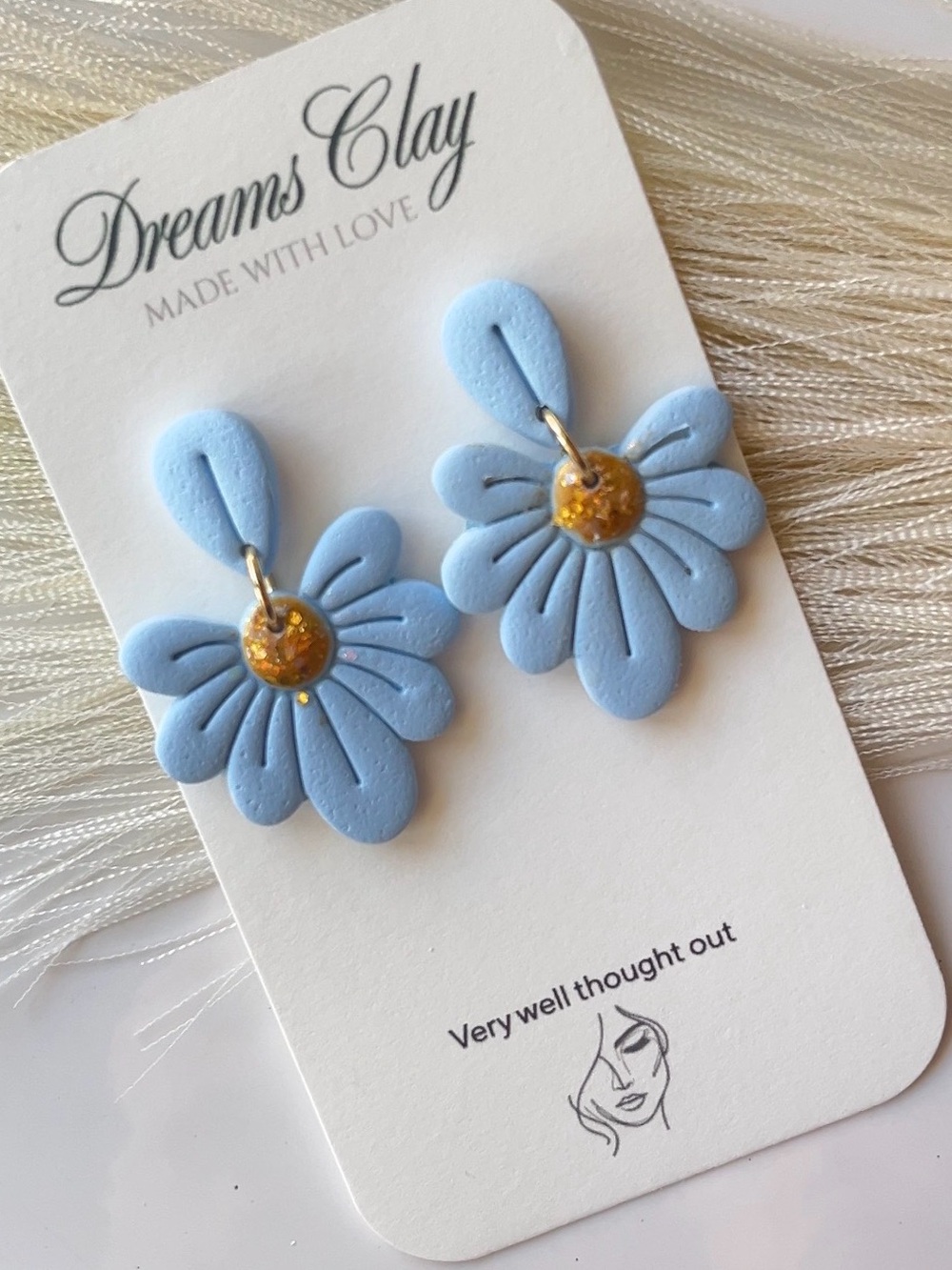 Dreams Clay Blue Floral Dangle Earrings with Gold Center